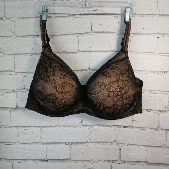 WOMENS LANE BRYANT CACIQUE  NUDE BLACK OVERLAY MESH BACK STRAP BRA 46DD - Picture 4 of 10